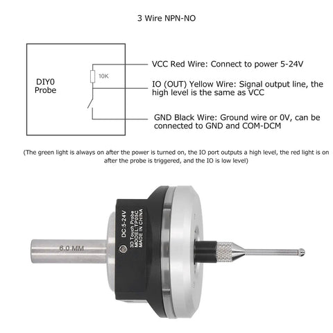 3D Finder Pro Universal Sensor Probe For CNC Machines With Tungsten Tip, wiring diagram, labeled components, anodized aluminum housing