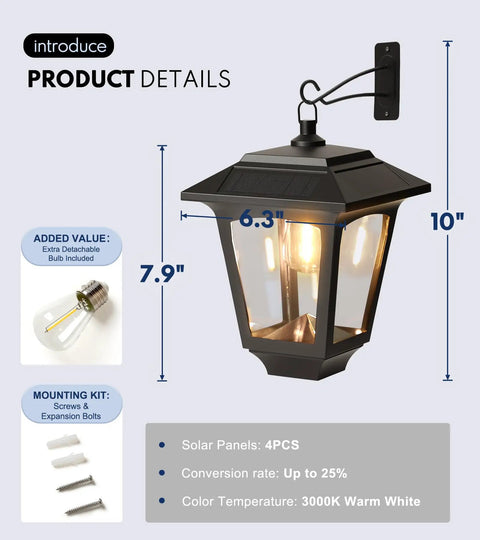 4 Pack Aluminum Outdoor Hanging Solar Lanterns With 4 Solar Panels Dusk To Dawn LED Waterproof Anti Rust Wall Lanterns With Hooks