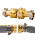 Five Pack Garden Hose Repair Connector Kit with Clamps for 3/4 Inch or 5/8 Inch Hoses, showing male and female connectors with clamps.