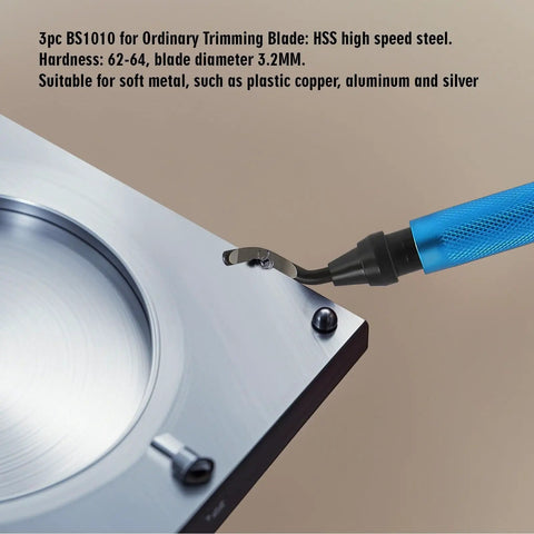 Side view of a deburring tool removing burrs from a metal sheet. 7 Piece Burr Busting Deburring Tool Set With High Grade Swivel Blades And Metal Handle For Deburring.