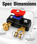 Pure Copper Battery Disconnect Switch 12V 24V Manual Rotary Cutoff with dimensions and red lever, ideal for long-term storage.