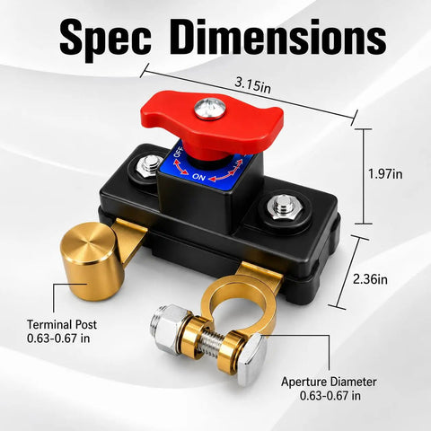 Pure Copper Battery Disconnect Switch 12V 24V Manual Rotary Cutoff with dimensions and red lever, ideal for long-term storage.