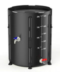 Collapsible 53 Gallon Rain Barrel With Spigot Portable Water Storage Tank for gutter harvest, black PVC with measurement markings.