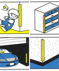 Illustrations of Kid Proof Corner Guard for home edges and furniture installed on various surfaces to protect from sharp corners.