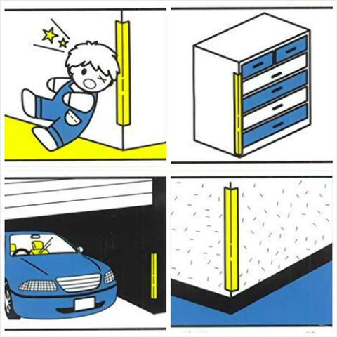 Illustrations of Kid Proof Corner Guard for home edges and furniture installed on various surfaces to protect from sharp corners.