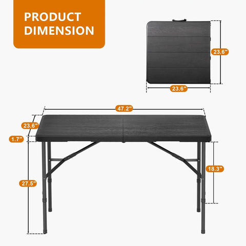 4 Foot Folding Table With Wood Grain Desktop Heavy Duty Portable Indoor Outdoor Table 350 Lb Weight Capacity Ideal For Camping Picnics Barbecues And Parties dimensions