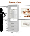 Level Up Your Daily Routine With This Slick Modular Closet Organizer Featuring A Bright Illuminated Led Mirror Three Ball Bearing Drawers Walk In Storage Layout With Dual Floating Shelves And Four Heavy Duty Hanging Rods dimensions diagram with measurements and silhouette