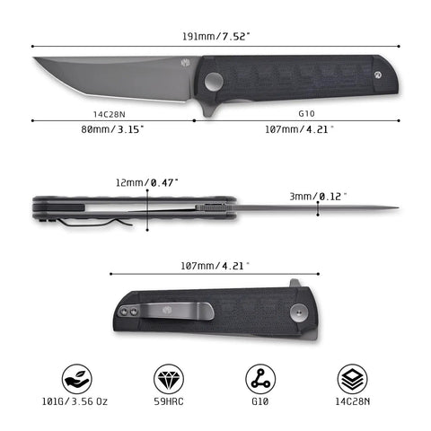 Chop 3.15 Inch Folding Pocket Knife With 14C28N Steel Blade And G10 Handle dimensions and specifications