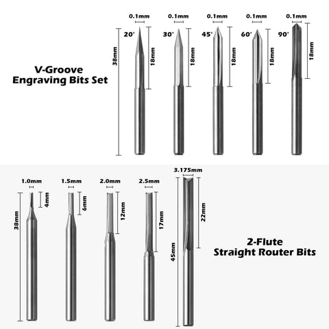 Genmitsu 50-piece tungsten carbide end mill router bit set; front view shows V-groove engraving and 2-flute bits.