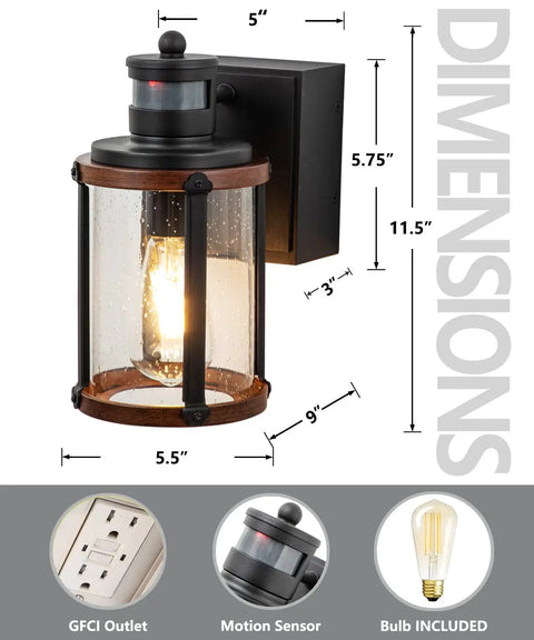 Outdoor Motion Sensor Lights With GFCI Outlet, Dusk To Dawn Exterior Wall Mount Sconce, dimensions and included features