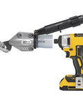 Drill Powered Vinyl Siding Cutter Attachment Turbo Shear for Cordless Drills, attached to a black and yellow drill