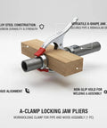 Kick Ass A-Clamp Locking Pliers Made From Tough Alloy Steel with A-shape jaw securing wood and pipe for welding tasks.