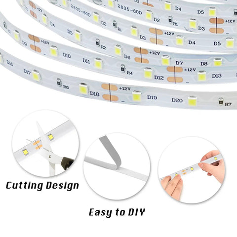 Ultra Bright 20 Foot White LED Strip Lights with 360 LEDs and 6500K Daylight White showing cutting and easy install