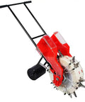 Manual Seeder Planter With Dual Seed And Fertilizer Buckets shown with red and white design, featuring spiked wheel and black handle
