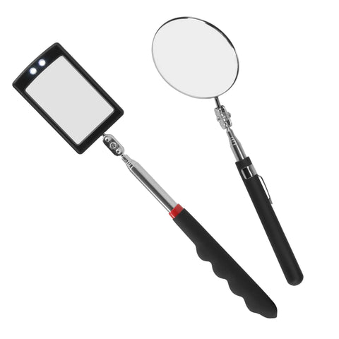 360 Degree Rotating Telescopic Inspection Mirror With LED Lights On A Stick For Auto Mechanics Extendable Reach From 7.5 Inches Collapsed To 34 Inches Dual Mirror Heads For Tight Car Engine Underbody Inspections showing two handle mirrors, one rectangular with LED lights and one round mirror.