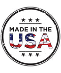 Circular logo with 'Made in the USA' text and American flag pattern in the letters.