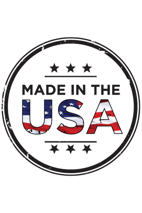 Made in the USA badge with American flag motif and stars.