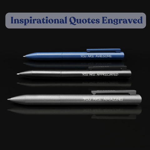 Three Pack Luxury Metal Ballpoint Pens Set For Teachers And Pros with engraved inspirational quotes, black and blue pens.