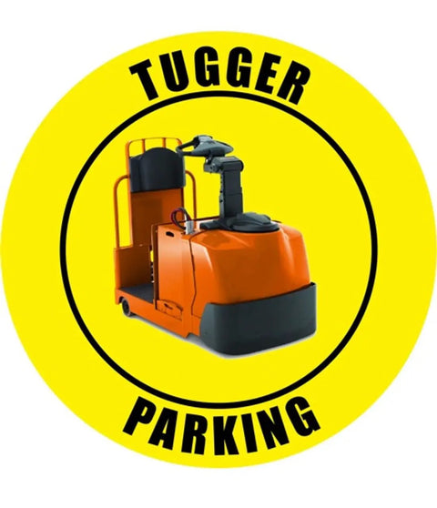 Durable 12 Inch Round Metal Tin Sign For Tugger Parking Area With Bold Warning Graphic To Keep Safety First And Protect Workers From Hazards In Industrial Sites Today, featuring Tugger parking graphic.