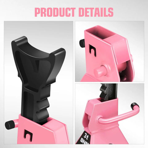Close-up of Pair Of 3 Ton Jack Stands For Cars And SUVs, Adjustable Height From 10.8 Inches, Built Tough Carbon Steel, Pink Color