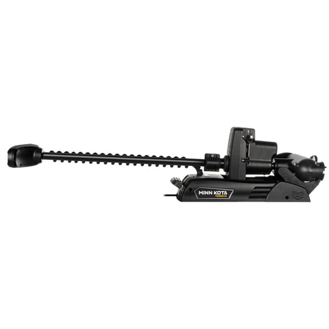 Terrova QUEST Bow Mount Electric Trolling Motor Featuring Slick Brushless Drive And Built In Chirp Sonar For Crisp Bottom Mapping 90 To 115 Lbs Of Heavy Duty Kick 45 Inch Shaft side view showing brushless motor and long shaft design.