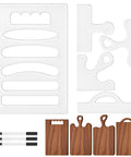 Five Piece Router Template Set featuring clear stencils, marking pens, and wooden cutting board guides for crafting.