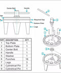 Diagram of Table Mount Gasket Punch Set 6 To 38mm 16 In 1 Hollow Punch Kit with labeled parts including top plate and legs.