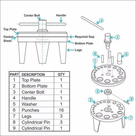 Diagram of Table Mount Gasket Punch Set 6 To 38mm 16 In 1 Hollow Punch Kit with labeled parts including top plate and legs.