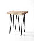 Solid Natural Wood Square Coffee Side Table With Black Hairpin Legs For Living Room Or Bedroom Handcrafted Rustic End Table with a wooden top and thin metal legs.