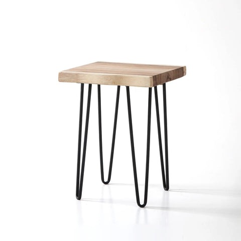Solid Natural Wood Square Coffee Side Table With Black Hairpin Legs For Living Room Or Bedroom Handcrafted Rustic End Table with a wooden top and thin metal legs.