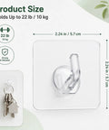 Clear Adhesive Hooks Zero Drama Strong Grip for Shower Wall Organizers No Damage Pegs Bathroom Storage 12 Pieces showing size dimensions.