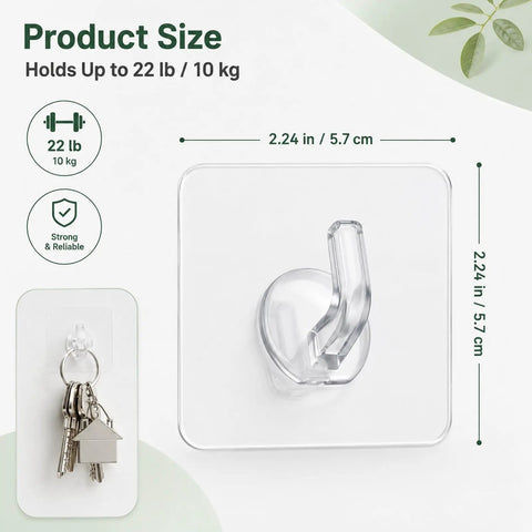 Clear Adhesive Hooks Zero Drama Strong Grip for Shower Wall Organizers No Damage Pegs Bathroom Storage 12 Pieces showing size dimensions.