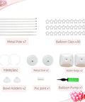 Balloon arch kit with white metal poles 7, base discs 2, balloon clips 30, bending tubes 2, water bags 2, balloon pump