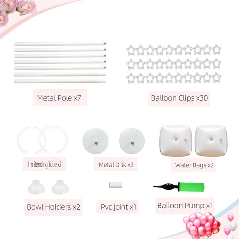Balloon arch kit with white metal poles 7, base discs 2, balloon clips 30, bending tubes 2, water bags 2, balloon pump