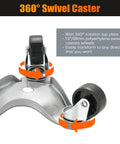 Close-up of 4 Pack Steel Tri Dolly Set With 3 Wheel Furniture Movers showing 360° swivel caster with 1.5 inch polyethylene wheels.