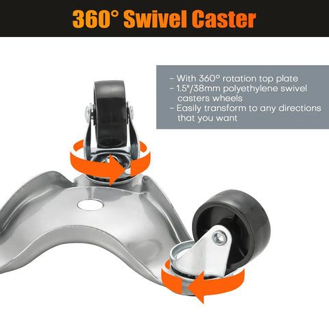 Close-up of 4 Pack Steel Tri Dolly Set With 3 Wheel Furniture Movers showing 360° swivel caster with 1.5 inch polyethylene wheels.
