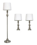 Brushed Steel Three Lamp Set With White Fabric Shades Includes Two Table Lamps And One Floor Lamp Stylish Modern Industrial Lit Glow