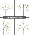 Five Head Floor Lamp With Adjustable Gooseneck Arms And Large Frosted Shade For E26 A19 Bulbs, Silver Finish