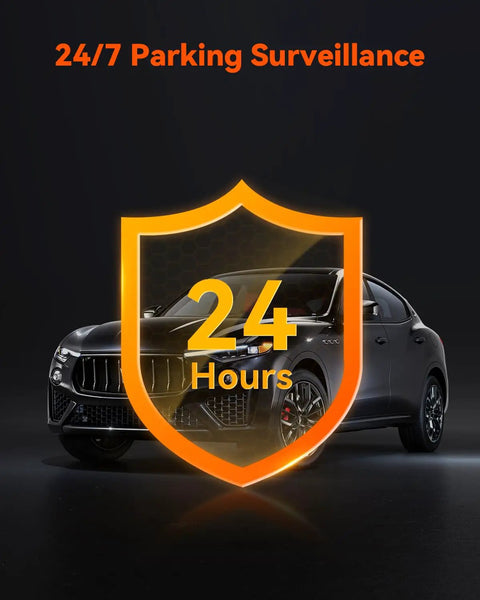 Car with illuminated 24-hour shield symbolizing 24/7 parking surveillance using OBD Hardwire Power Cable With LED Screen, 10ft USB C.