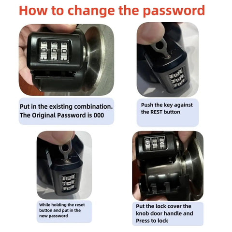 Instructional graphic showing how to change the password on a Door Lever Lockout Device With Code Lock No Key Needed Privacy For Bedroom From Outside Only Fits Long Connecting Shaft 1.1 To 1.26 Inches Measure Before Order.