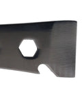 Close-up of hardened 3Cr13 stainless steel pry bar with hex holes, flat claw, and chisel tips for woodworking projects.
