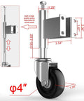 Spring Loaded Gate Casters 4 Inch Heavy Duty Gate Caster Wheels With Hardware, side view showing dimensions and spring mechanism