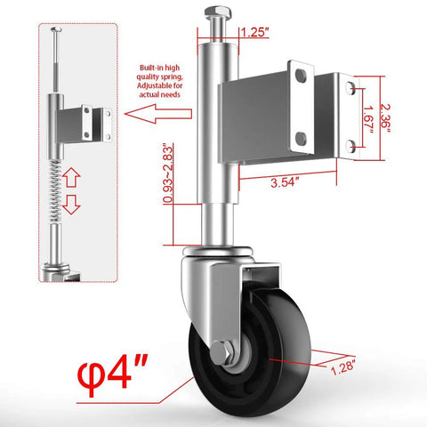 Spring Loaded Gate Casters 4 Inch Heavy Duty Gate Caster Wheels With Hardware, side view showing dimensions and spring mechanism