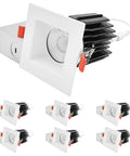 Top Shelf 3 Inch LED Recessed Spotlight Featuring Square White Interchangeable Trim, showcasing a pack of six sleek spotlights.