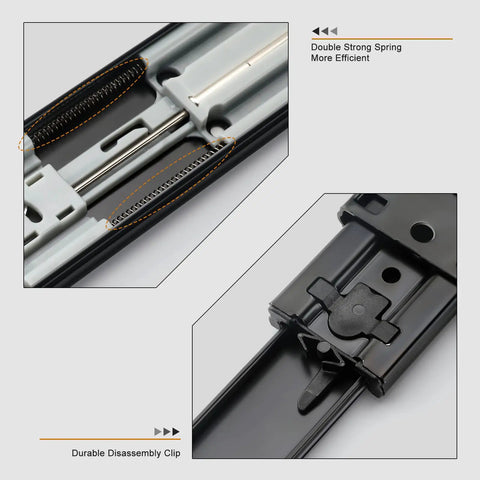 Ten Pairs Twenty Inch Black Soft Close Drawer Slides Heavy Duty Runners Built Tough And Quiet Easy Install With Screws And Instructions Rust Resistant Galvanized Rails For Smooth Drawer Action, spring and clip detail