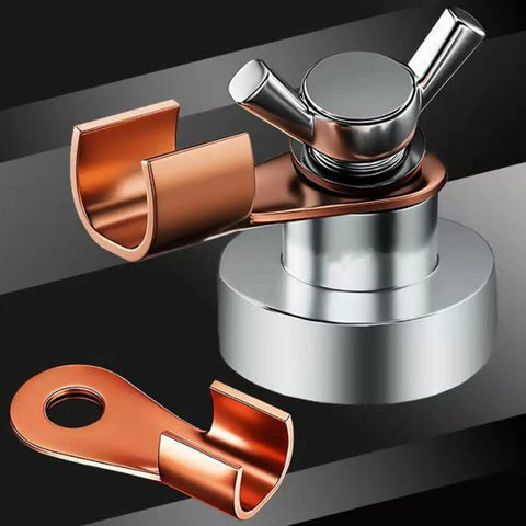 Top Tier Magnetic Welding Ground Clamp With Super Strong Suction Base For Fast On Site Shop Work, No Tools Needed, Fits Any Clean Metal Surface Perfectly showing copper and chrome parts.