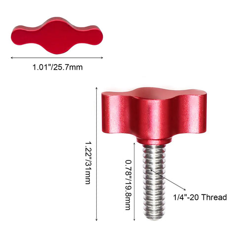 4 Pack 1/4-20 Thumb Screws 3/4 Inch Stainless Steel Standard Coarse Thread With Red Aluminum Tee Wing Knobs, dimensions shown