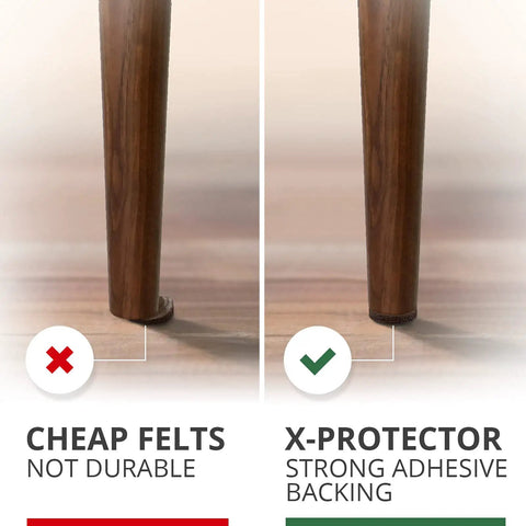 Comparison of chair leg pads: left shows cheap felt, right shows Premium Felt Furniture Pads And Durable Wood Floor Protectors.