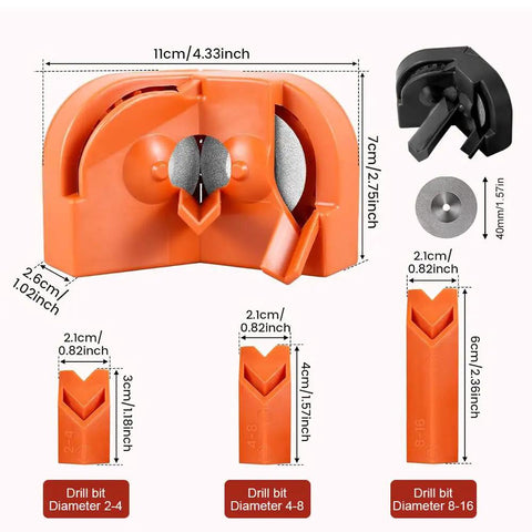 Total Beast Dual Wheel Drill Bit Sharpener measures 11cm x 7cm, orange nylon body with diamond wheels for quick sharpening.