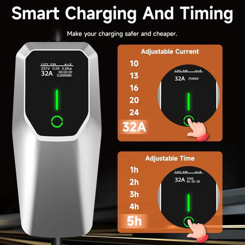 Portable 26ft EV Charger Cable With NEMA 14-50 And 5-15 Plugs, 7.68 kW 32A Adjustable Current Level One Half Electric Vehicle Charger